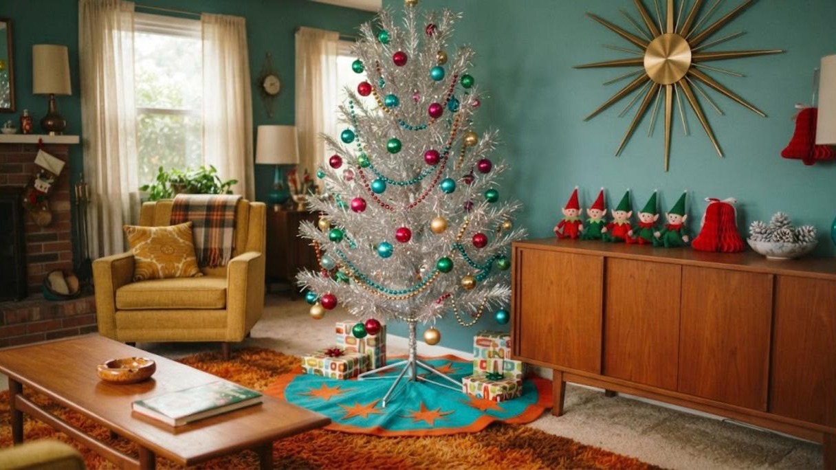 Midcentury Christmas Decor with a silver tinsel tree, satin ornaments, bead garland, a gold starburst and felt elves on a teak credenza
