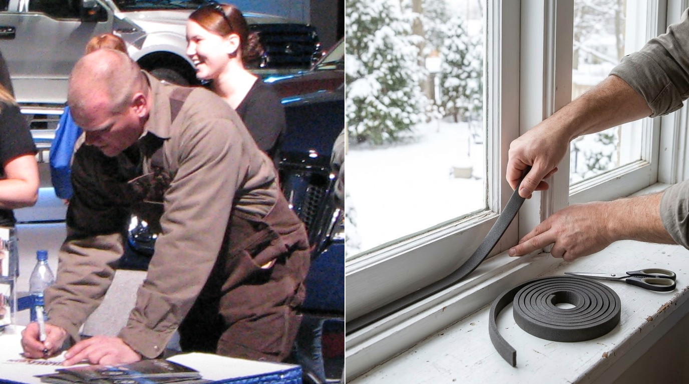 Mike Holmes home fixes: contractor Mike Holmes signing autographs beside hands sealing a drafty window with foam tape
