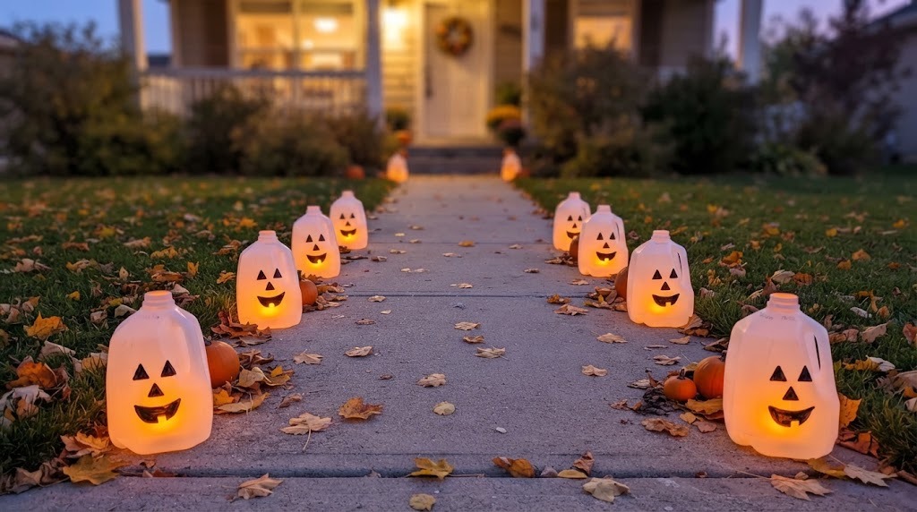 White milk jug jack o lantern lanterns glowing along a front walkway