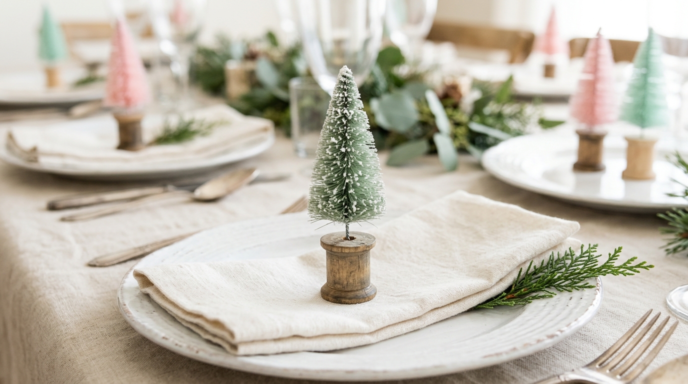 Tiny bottle brush tree on a wooden spool, one of the Christmas table favors on a folded napkin