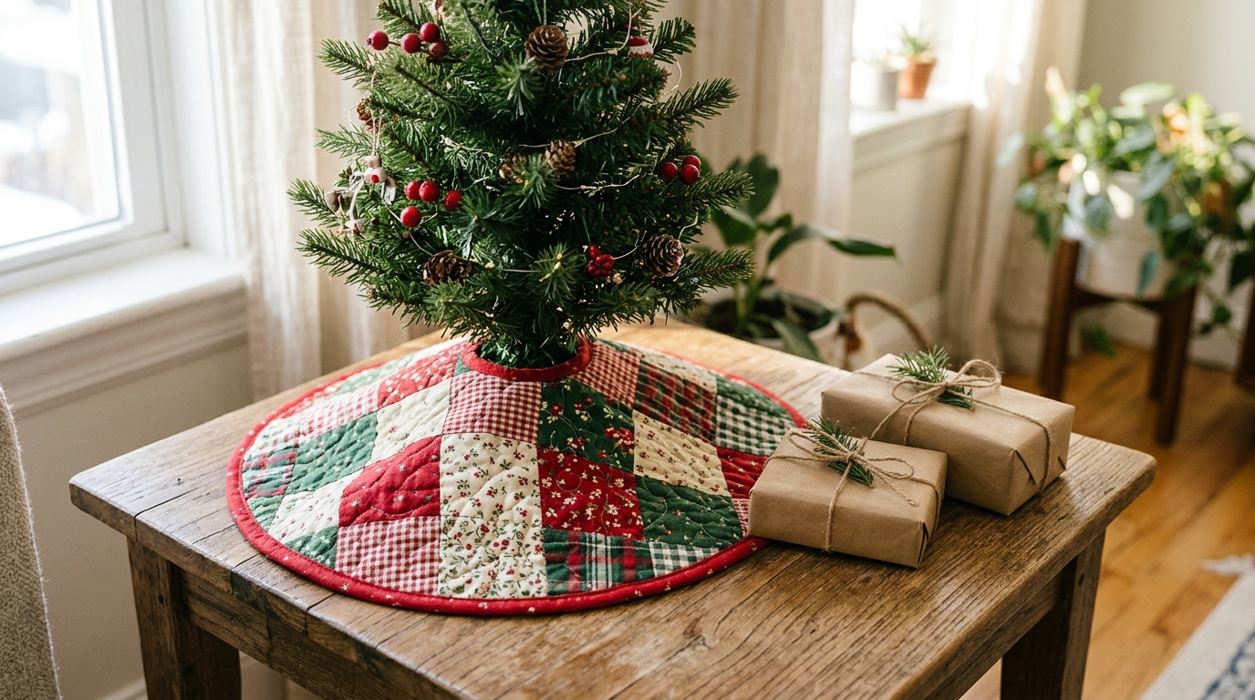 Round patchwork mini tree skirt under a small tabletop tree with kraft paper gifts