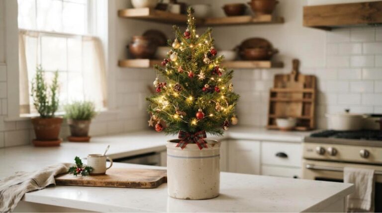 Mini Christmas trees idea with a small decorated tree in a vintage cream crock on a kitchen counter