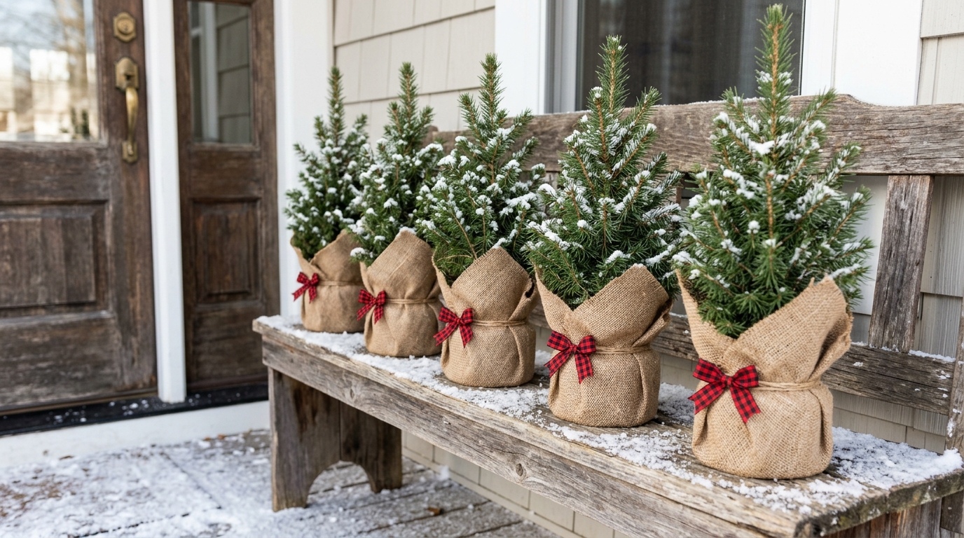 Mini evergreen trees wrapped in burlap on a farmhouse bench
