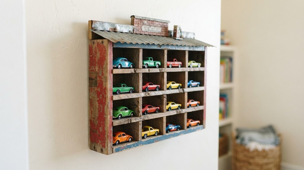 Wall shelf shaped like a vintage garage holding toy cars