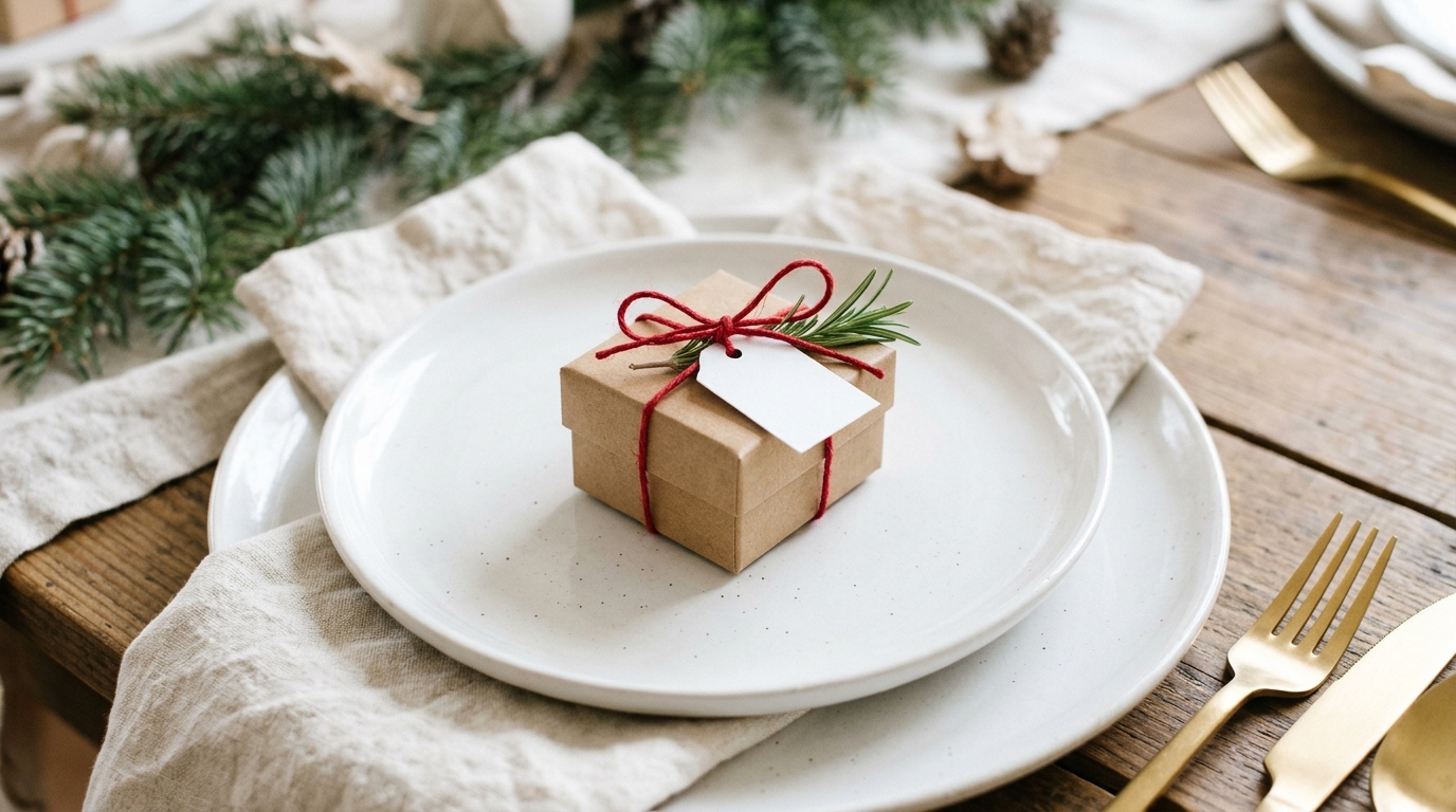 Tiny kraft paper gift box with a blank tag and rosemary on a white dinner plate