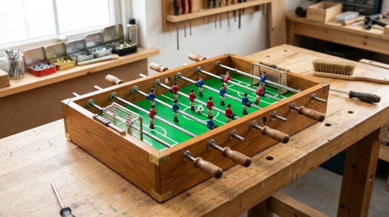 Mini Soccer Table Restoration finished: a vintage tabletop soccer game with a green field, white lines and red and blue players on shiny rods