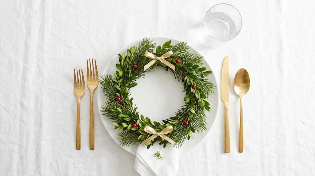 Emily Post Christmas table idea with a small boxwood wreath around a dinner plate