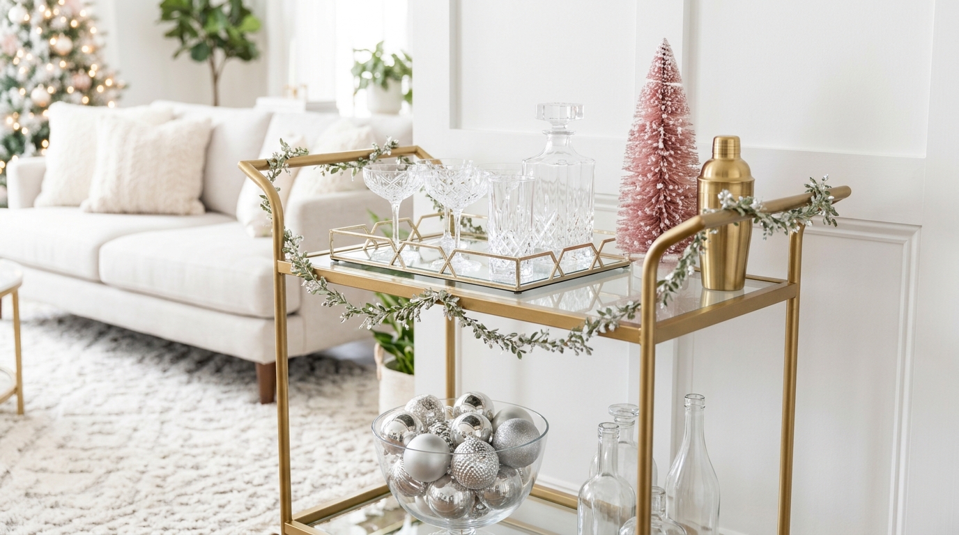 Gold bar cart with a mirrored tray, crystal glasses and a pink bottle brush tree