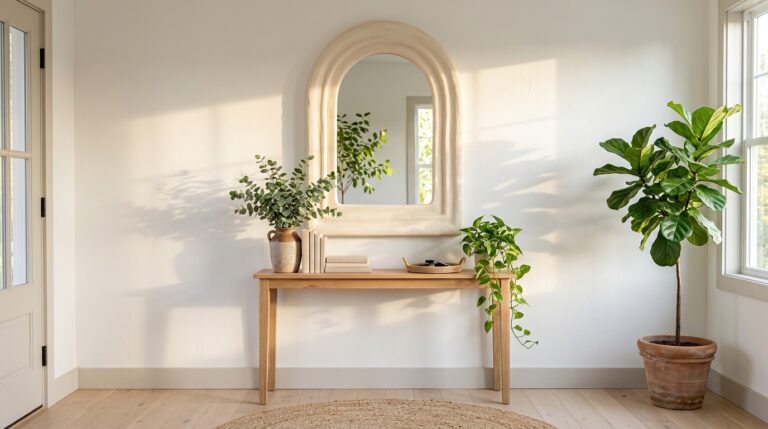 Mirror and wall decor: plain mirror with a textured arched plaster frame above an oak console in a sunny entryway