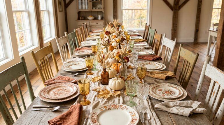 Mismatched Thanksgiving table with vintage floral plates, amber glasses and painted thrift store chairs