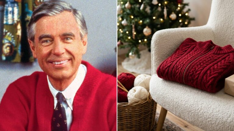 Mister Rogers in a red cardigan beside a hand knit red cardigan on a cozy armchair