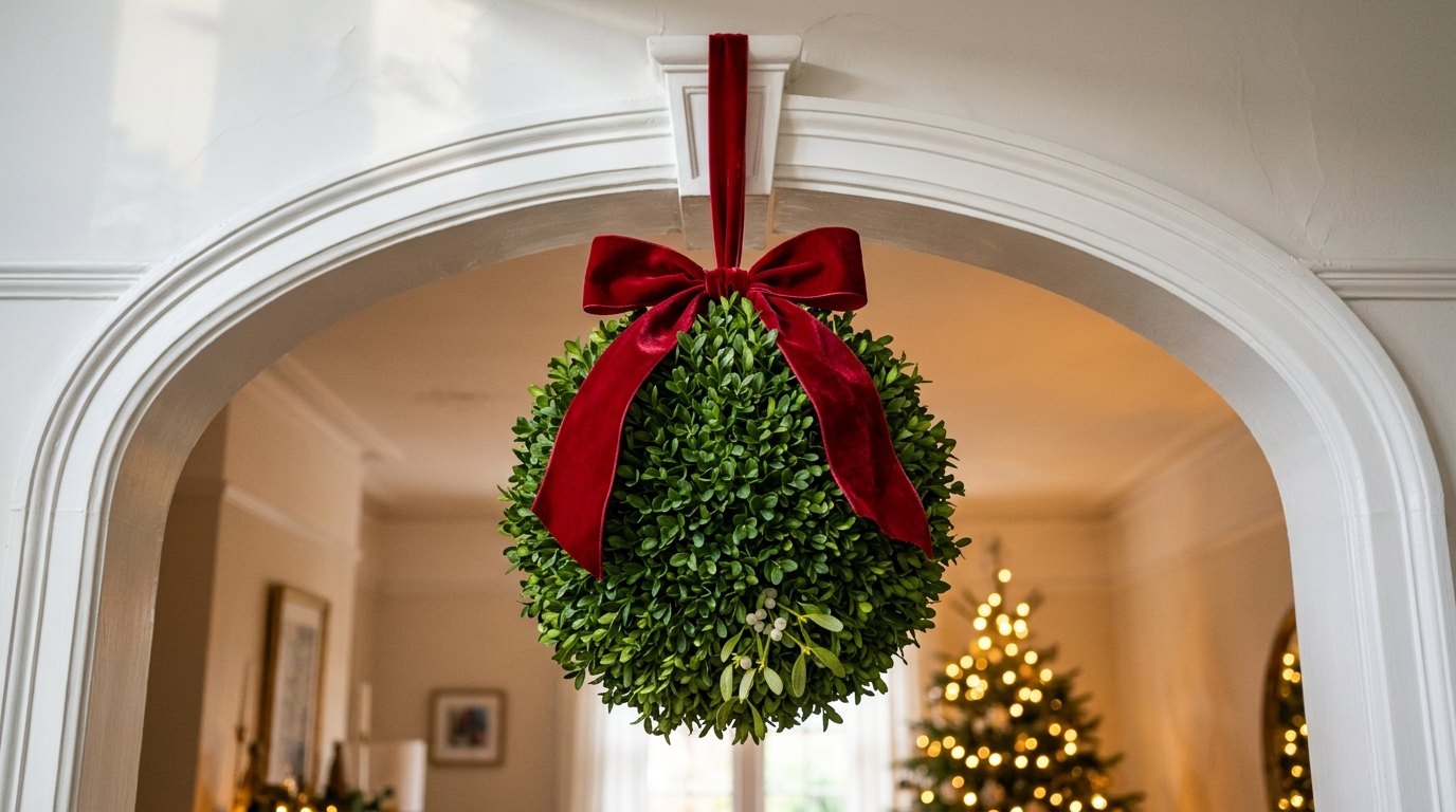 Boxwood kissing ball with mistletoe and a red velvet bow in a white arched doorway