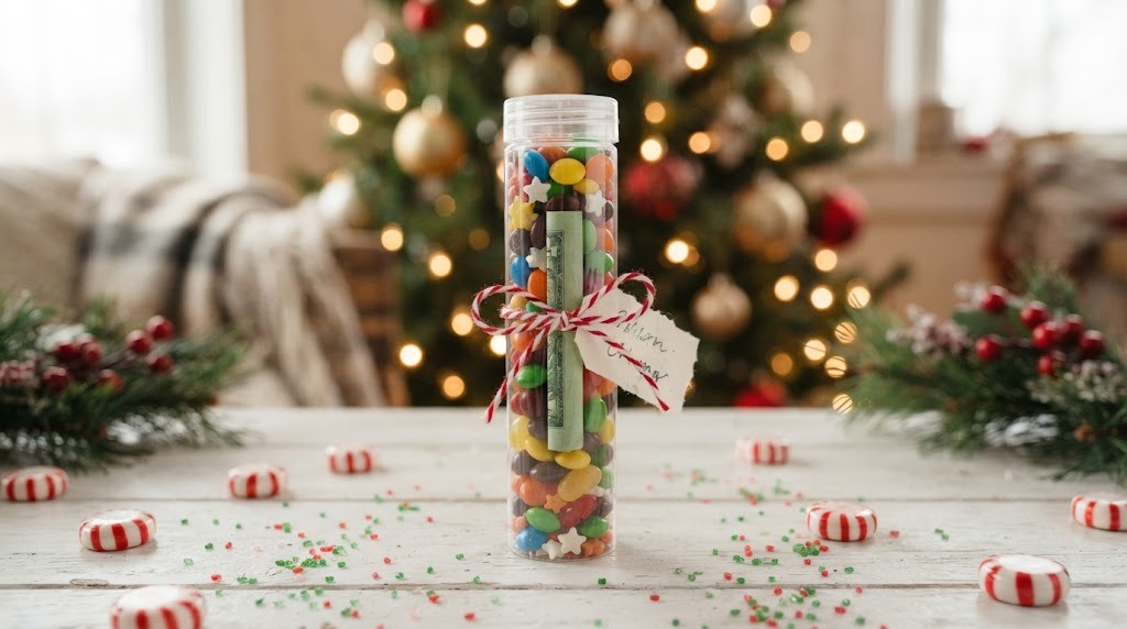 A clear candy tube filled with colorful candy and a rolled bill tied with a red bow