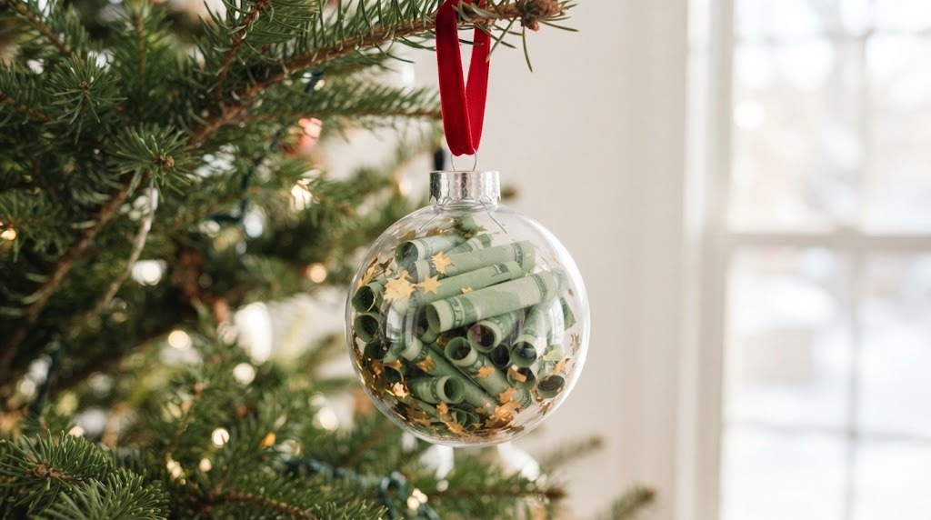 Creative money gifts: a clear fillable ornament with rolled bills and gold confetti hanging on a tree