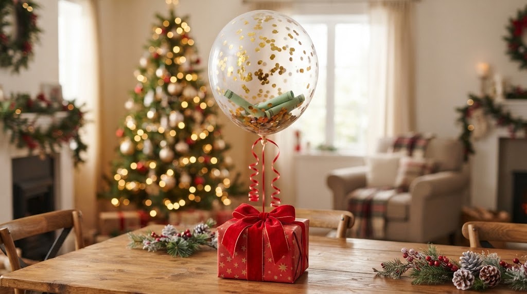 Creative money gifts: a clear balloon filled with gold confetti and tiny rolled bills tied with red ribbon