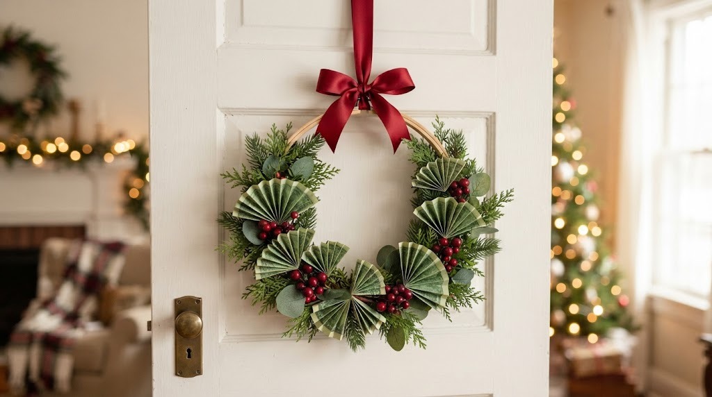 A small embroidery hoop wreath with greenery, berries and folded bill fans hanging on a door