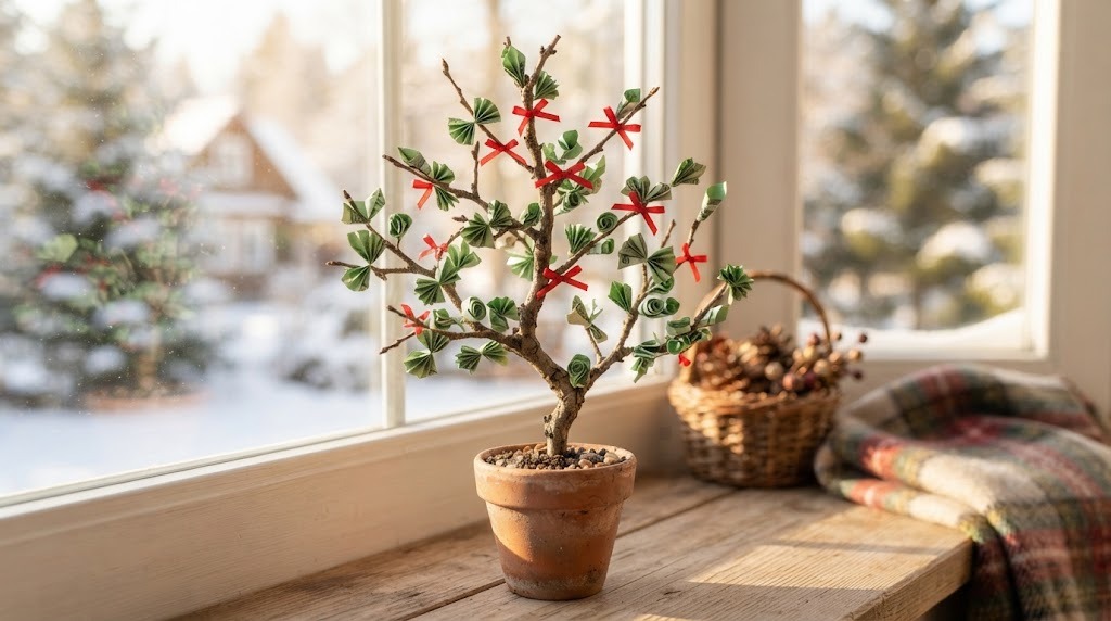 A small potted branch tree decorated with folded bills and red ribbons on a windowsill