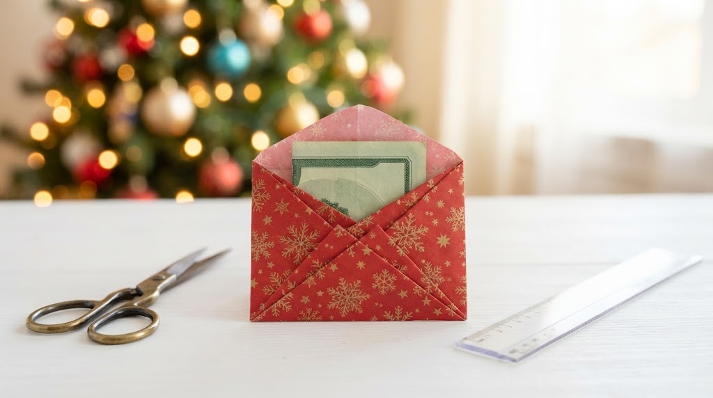 A square of red Christmas paper folded into a no glue envelope with a folded bill inside