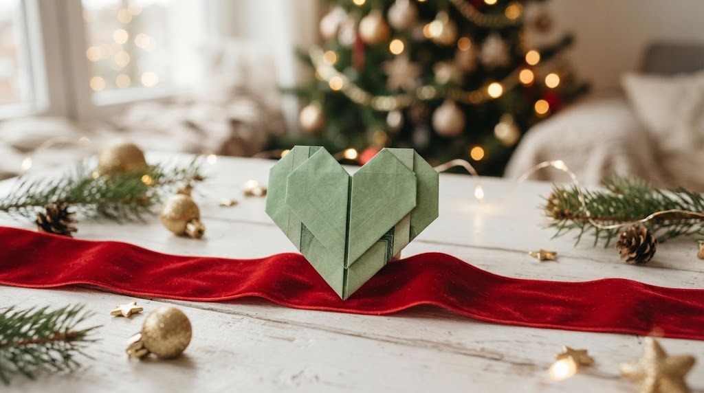 A bill folded into an origami heart on a red velvet ribbon with gold ornaments