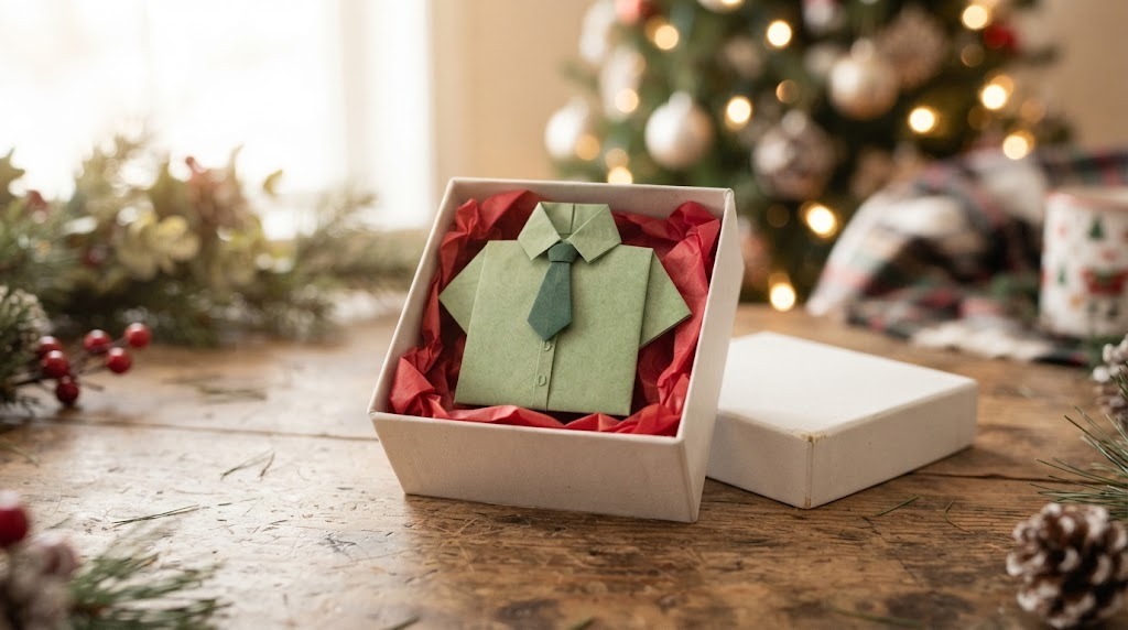 Creative money gifts: a bill folded into a tiny origami shirt and tie inside a small gift box