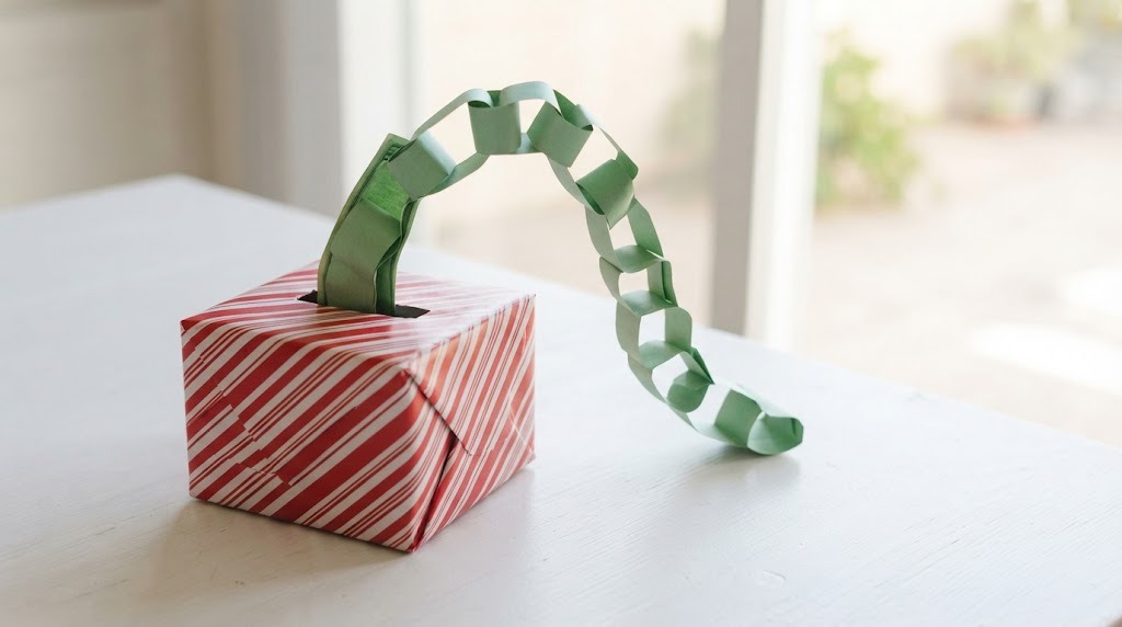 A decorated gift box with a long chain of folded bills pulling out of a slot on top