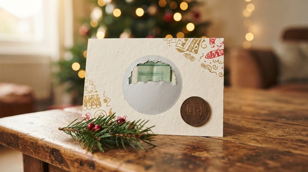A handmade Christmas card with a silver scratch off circle revealing a hidden surprise