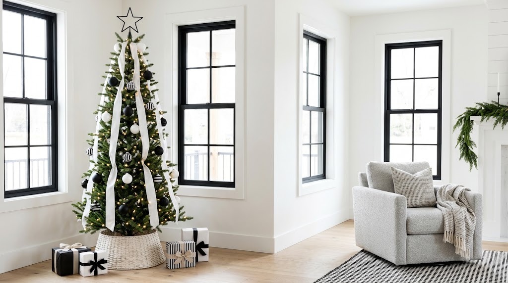 Black and white Christmas decor on a slim tree with matte black and white ornaments and long white ribbon tails