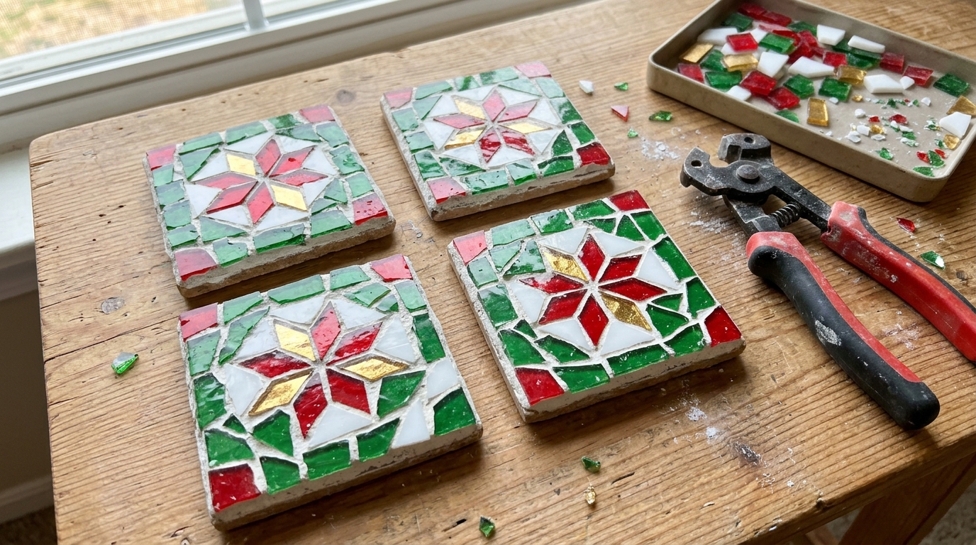 Square mosaic tiles in red, green, white and gold forming stars, with tile nippers