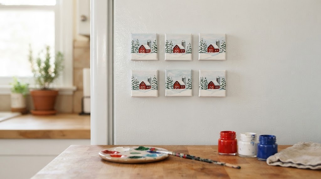 Grandma Moses inspired mini canvas magnets with red barns in snow on a fridge