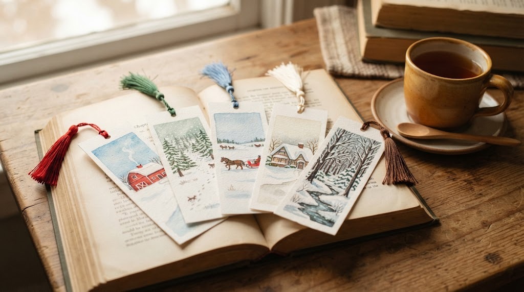 Grandma Moses style hand painted bookmarks with tassels on an open book