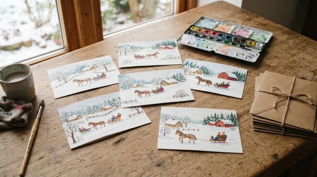 Grandma Moses style hand painted watercolor Christmas cards with snowy farm scenes