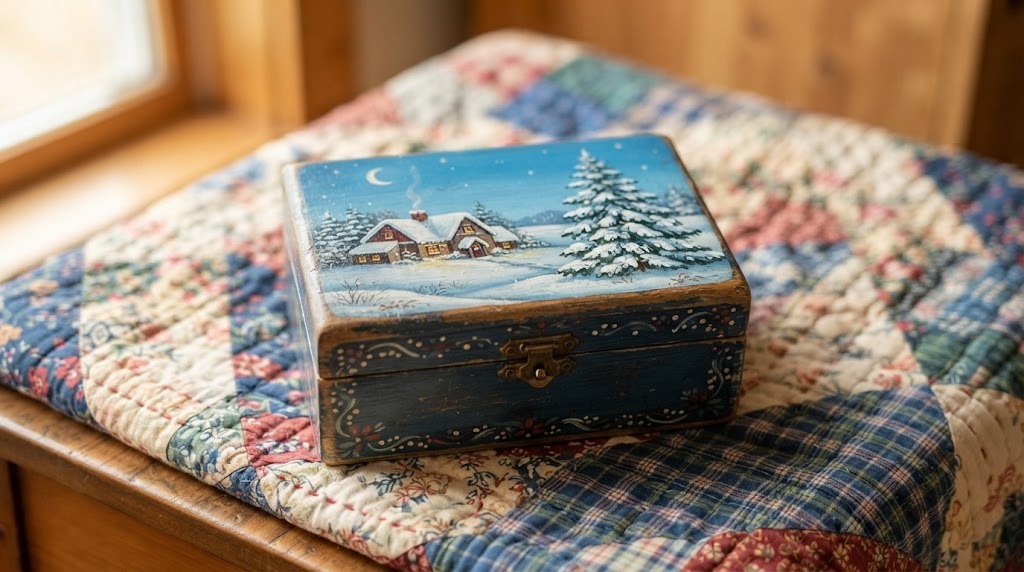 Grandma Moses inspired painted wooden keepsake box with a snowy farmhouse on the lid