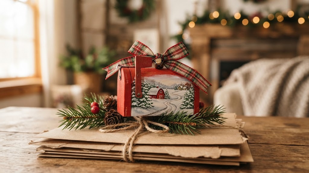 Grandma Moses inspired red mailbox Christmas ornament with a painted farm scene