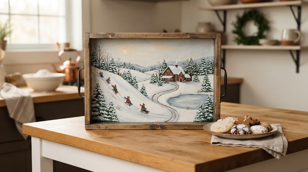 Wooden serving tray painted with a folk art sledding scene and a red farmhouse