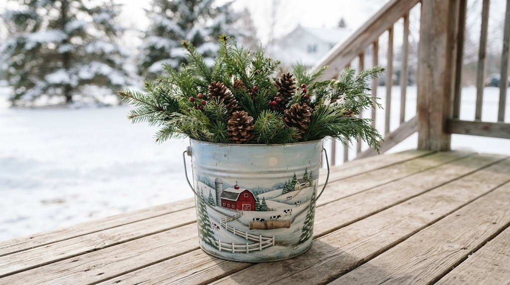 Galvanized tin bucket painted with a folk art winter farm and filled with evergreens