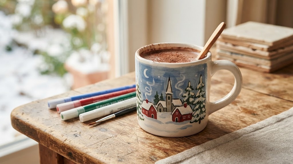 Grandma Moses style mug painted with a snowy folk art village