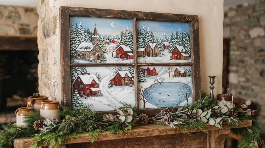 Old wooden window frame with glass panes painted as a snowy folk art village