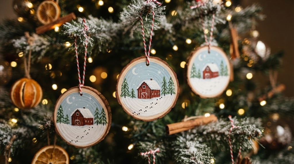 Grandma Moses inspired wood slice ornaments painted with red barns and snowy fields