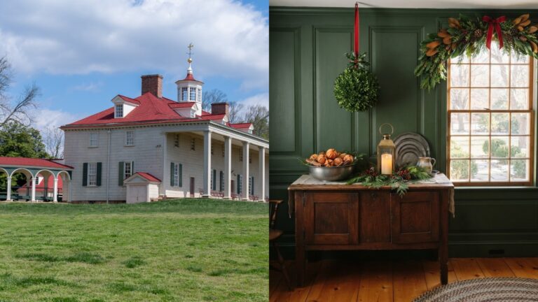 Mount Vernon Christmas: the mansion beside a colonial style room with pomanders, a boxwood ball and a magnolia swag