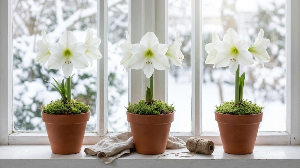 Martha Stewart winter decor: three white amaryllis in moss topped terracotta pots on a windowsill