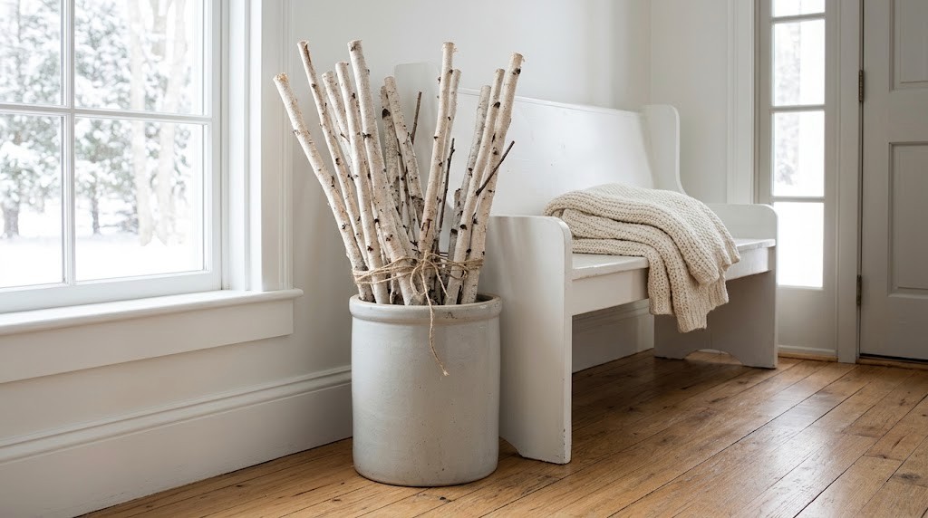 Bundle of white birch branches tied with jute in a gray stoneware crock beside a white bench
