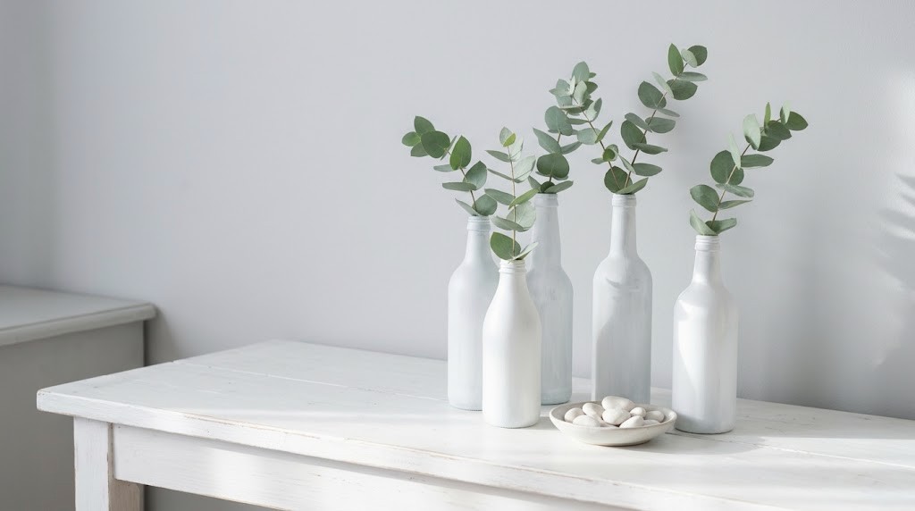Frosted white painted glass bottles holding eucalyptus stems on a white console table