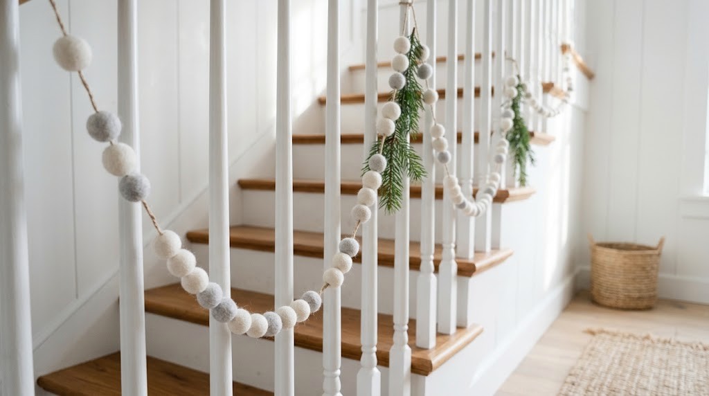 Garland of white and gray felt balls with pine sprigs draped on a white stair banister
