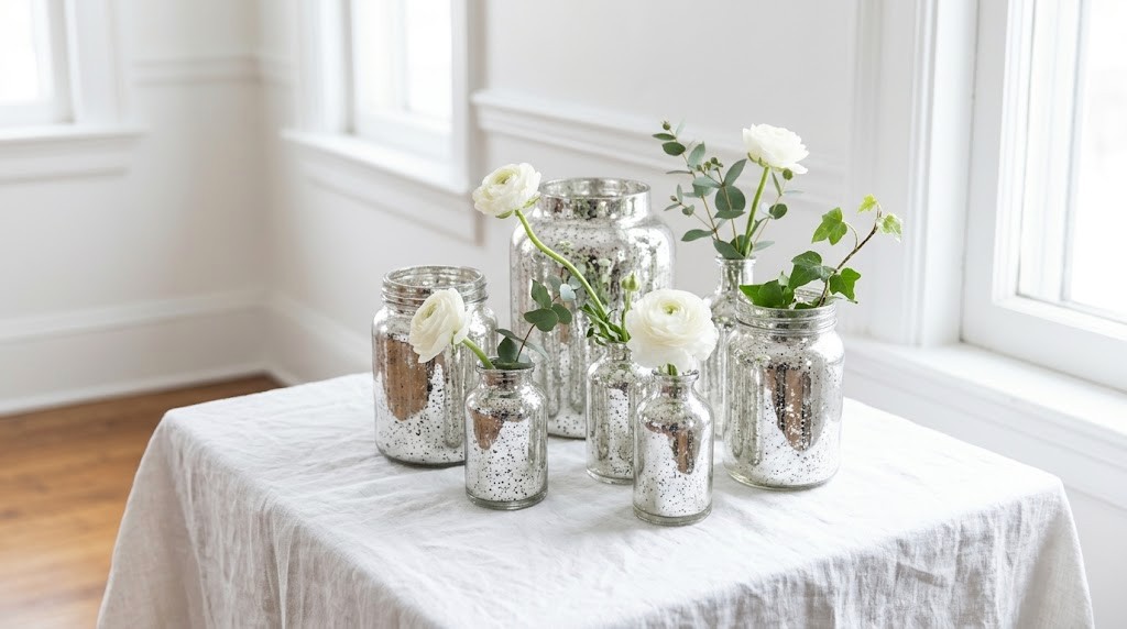 Martha Stewart winter decor: DIY mercury glass jars with white ranunculus on a linen covered table