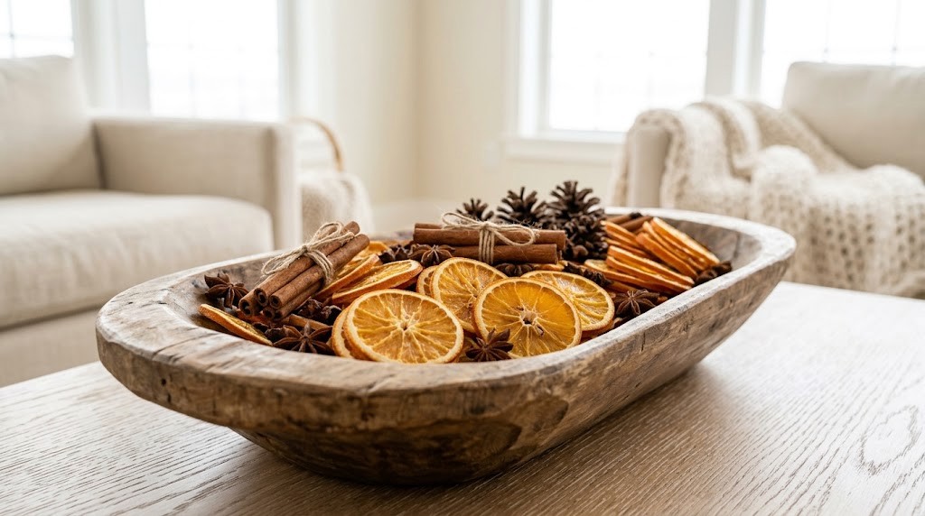 Dried orange slices, cinnamon bundles and star anise in a wooden dough bowl on a coffee table