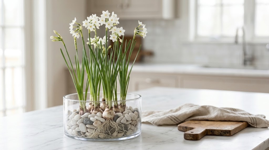 Paperwhite narcissus growing from bulbs in a glass bowl of white pebbles on a marble island