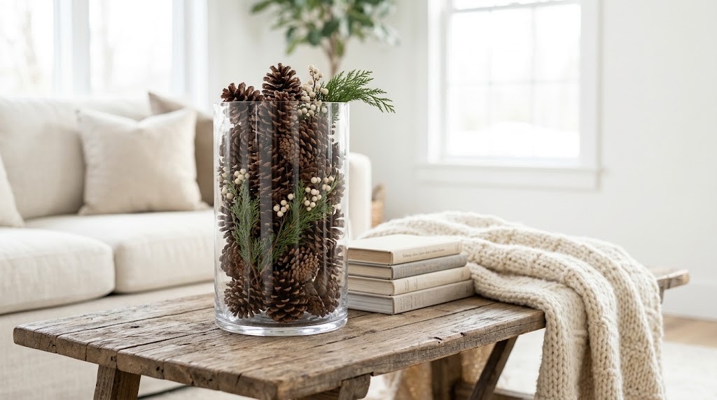 Martha Stewart winter decor: glass hurricane vase filled with pinecones, cedar and white berries on a rustic table