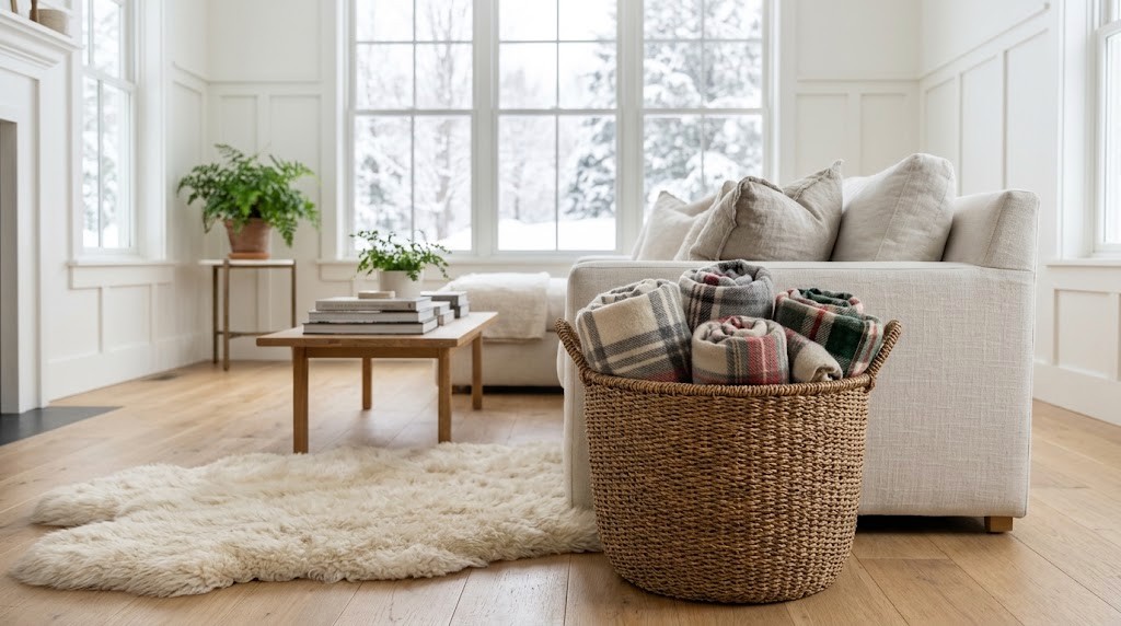 Woven seagrass basket of rolled plaid wool throws beside a linen sofa and sheepskin rug