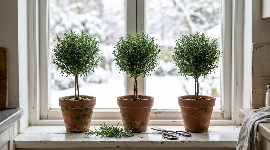 Martha Stewart winter decor: three rosemary topiaries in terracotta pots on a kitchen windowsill