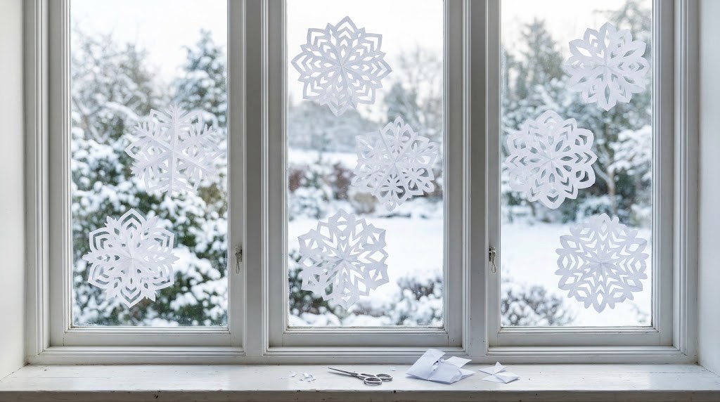 Large hand cut white paper snowflakes stuck on window panes with scissors on the sill